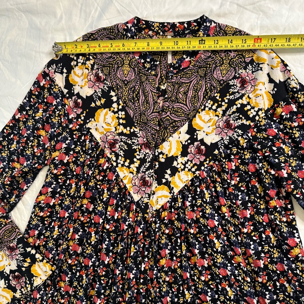 Free People Floral Boho Tunic Dress Black Multicolor Rayon Long Sleeve S/M - Picture 12 of 12